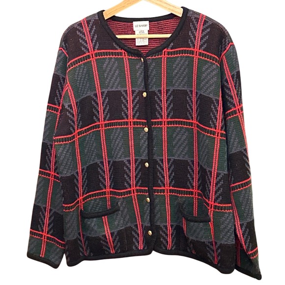 Liz Baker Sweaters - Liz Baker Vintage Plaid Cardigan Large Hong Kong Tartan Button Front Cozy Retro